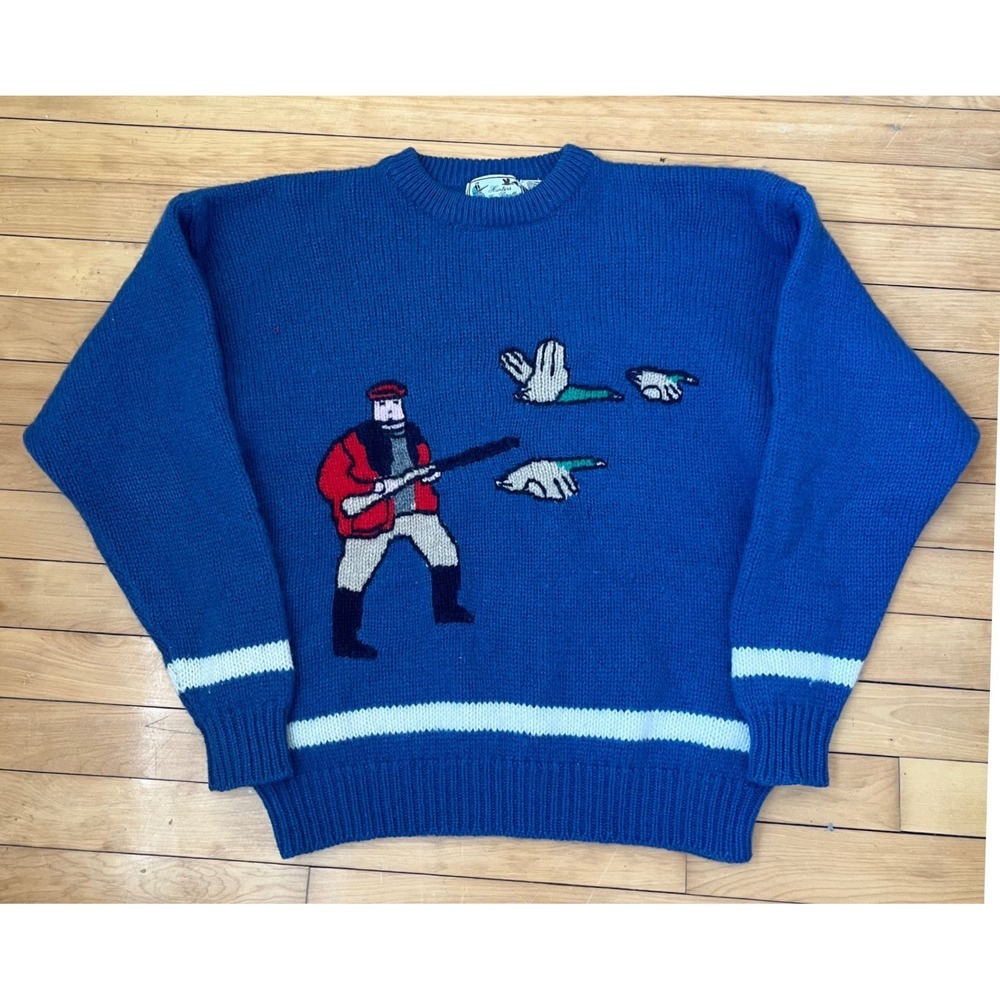 Vintage Hunters From Parallax Paris Wool Sweater Blue Duck Hunting Intarsia XL - Picture 1 of 6